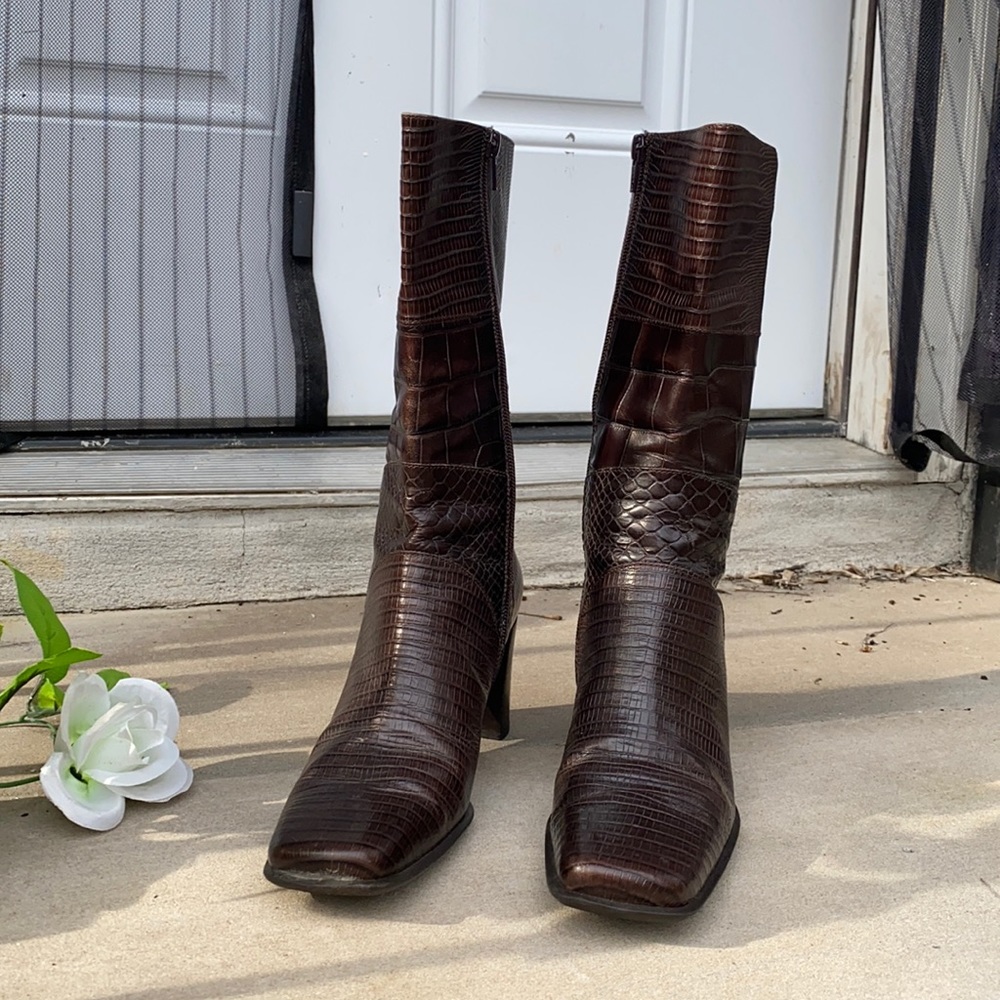 Via Spiga Croc Embossed Mid-calf Leather Boots